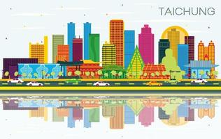 taichung taiwan city skyline mit farbigen gebäuden, blauem himmel und reflexionen. vektor
