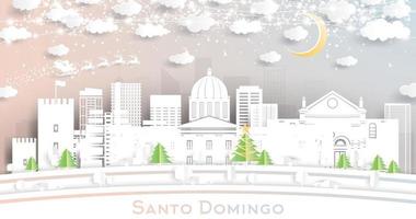 santo domingo dominikanische republik stadtskyline im papierschnittstil mit schneeflocken, mond und neongirlande. vektor