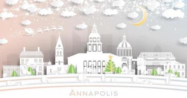 annapolis maryland city skyline im papierschnittstil mit schneeflocken, mond und neongirlande. vektor