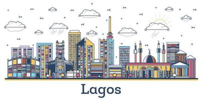 skizzieren sie die skyline von lagos nigeria mit modernen farbigen gebäuden, die auf weiß isoliert sind. vektor