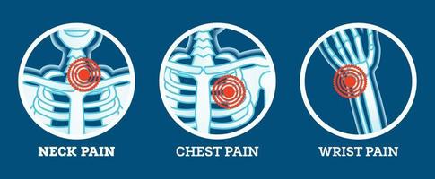 Körperschmerz. Symbole gesetzt. Schmerzen in Hals, Brust und Handgelenk. Körperteile von Frau und Mann. vektor