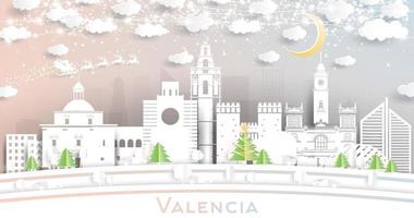 valencia spanien stadtskyline im papierschnittstil mit schneeflocken, mond und neongirlande. vektor