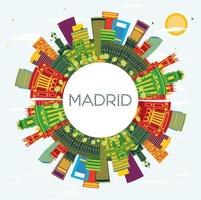 madrid Spanien stad horisont med Färg byggnader, blå himmel och kopia Plats. vektor