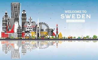 Välkommen till Sverige. stad horisont med grå byggnader, blå himmel och reflektioner. vektor