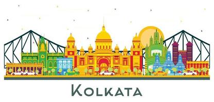 kolkata Indien stad horisont med Färg byggnader och blå himmel isolerat på vit. vektor