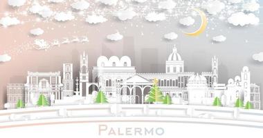 palermo Italien stad horisont i papper skära stil med snöflingor, måne och neon krans. vektor