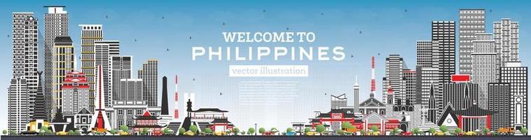 willkommen in der philippinischen stadtskyline mit grauen gebäuden und blauem himmel. vektor