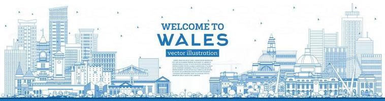 översikt Välkommen till wales stad horisont med blå byggnader. vektor