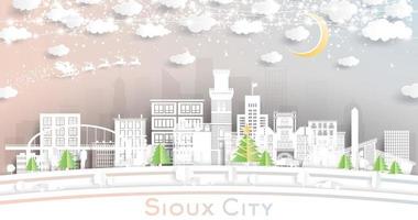 sioux city iowa city skyline im papierschnittstil mit schneeflocken, mond und neongirlande. vektor