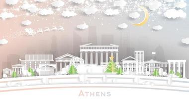 Athen, Griechenland. winterliche stadtskyline im papierschnittstil mit schneeflocken, mond und neongirlande. vektor