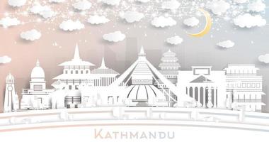 kathmandu nepal city skyline im papierschnittstil mit weißen gebäuden, mond und neongirlande. vektor