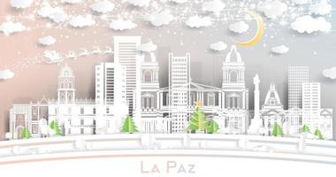 la paz bolivia city skyline im papierschnittstil mit schneeflocken, mond und neongirlande. vektor