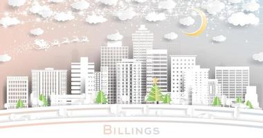 billings montana city skyline im papierschnittstil mit schneeflocken, mond und neongirlande. vektor