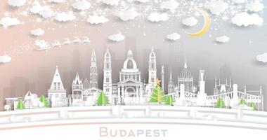 budapest Ungern. vinter- stad horisont i papper skära stil med snöflingor, måne och neon krans. vektor