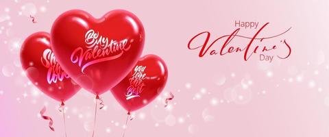 horizontales banner zum valentinstag. realistische herzförmige luftballons mit aufschriften auf einem rosa hintergrund. vektorillustration. vektor
