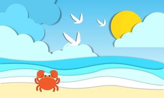 Hej sommar med strand landskap bakgrund och krabba. papper konst stil. vektor illustration.