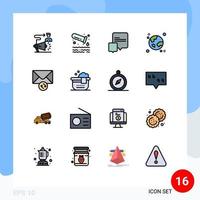 Flache, farbig gefüllte Zeilenpackung mit 16 universellen Symbolen der globalen Browser-editierbaren kreativen Vektordesign-Elemente der Mail-Globus-Röhre vektor