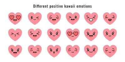 große reihe rosa herzen mit kawaii positiven emotionen. isolierte Herzsymbole auf weißem Hintergrund. Vektor-Illustration. vektor