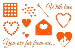 uppsättning av romantisk element för hjärtans dag. kuvert med hjärta, pil, brand. ikoner av symbol av kärlek. vektor illustration av annorlunda hjärtan. text design.