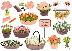 uppsättning med hinkar, korgar med annorlunda vår blommor - rosor, tulpaner och Övrig, omslag papper. trä- styrelse med text blommor marknadsföra. söt bin. vektor illustration