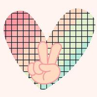 ikon, klistermärke i hippie stil med hjärta med lutning kvadrater och seger tecken vektor