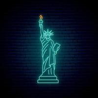 neon staty av frihet, känd ny york landmärke. lysande staty av frihet ikon på tegel vägg bakgrund. ljus ljus skylt. vektor