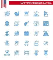 Packung mit 25 Usa-Unabhängigkeitstag-Feier-Blues-Zeichen und 4. Juli-Symbolen wie Essen der amerikanischen Polizei Usa-Schaum, handbearbeitbare Usa-Tag-Vektordesign-Elemente vektor