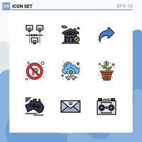 Gruppe von 9 modernen Filledline-Flachfarben, die für das Hosting von Server-Cloud-Wegweiser-Parkplätzen editierbare Vektordesign-Elemente eingestellt werden vektor