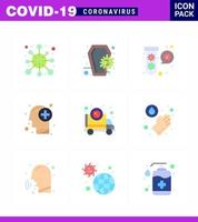 Symbol für Coronavirus-Vorsichtstipps für die Präsentation von Gesundheitsrichtlinien 9 flache Farbsymbolpakete wie medizinisches Gehirninfektionsvirus fuild virales Coronavirus 2019nov-Krankheitsvektor-Designelement vektor