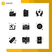 9 Icon Set Solid Style Icon Pack Glyphensymbole isoliert auf weißem Hintergrund für reaktionsschnelle Website, die kreativen schwarzen Icon-Vektorhintergrund entwirft vektor