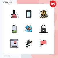 9 Benutzeroberfläche Filledline-Flachfarbpaket mit modernen Zeichen und Symbolen des menschlichen Charakters beim Einkaufen von stromsparenden editierbaren Vektordesignelementen vektor