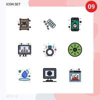 Packung mit 9 kreativen Filledline-Flachfarben von Diamant-SEO-Apps, die editierbare Vektordesign-Elemente hosten vektor