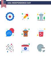 Packung mit 9 kreativen USA-Unabhängigkeitstag-bezogenen Wohnungen von Wahl-Chat-Blasengebäude-Sternflagge editierbare USA-Tag-Vektordesign-Elemente vektor