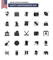 USA Lycklig oberoende dag piktogram uppsättning av 25 enkel fast glyf av sporter boll cola dag kalender redigerbar USA dag vektor design element
