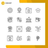 16 Icon Set Line Style Icon Pack Umrisssymbole isoliert auf weißem Hintergrund für responsive Website, die kreativen schwarzen Icon-Vektorhintergrund entwirft vektor