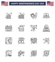 4:e juli USA Lycklig oberoende dag ikon symboler grupp av 16 modern rader av affär pengar hatt väska bio redigerbar USA dag vektor design element