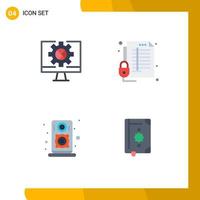 Gruppe von 4 modernen flachen Symbolen, die für bearbeitbare Vektordesign-Elemente des Computer-Audioeinstellungs-Schutzlautsprechers festgelegt werden vektor