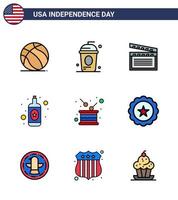 glücklicher unabhängigkeitstag 9 flach gefüllte linien icon pack für web und druck trommel wein unabhängigkeit flasche usa editierbare usa tag vektor design elemente