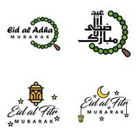 Packung mit 4 Vektoren aus arabischem Kalligraphietext mit Mond und Sternen von Eid Mubarak für die Feier des muslimischen Gemeinschaftsfestes