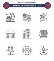 linje packa av 9 USA oberoende dag symboler av amerikan byggnad polis USA glasögon redigerbar USA dag vektor design element