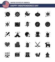USA oberoende dag fast glyf uppsättning av 25 USA piktogram av Karta stjärna Karta polis USA redigerbar USA dag vektor design element