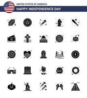 glücklicher unabhängigkeitstag 4. juli satz von 25 soliden amerikanischen piktogrammen der glyphe der fledermausballreligion wüstenblume editierbare usa tag vektordesignelemente vektor