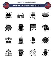 Lycklig oberoende dag 4:e juli uppsättning av 16 fast glyfer amerikan pictograph av internationell flagga Land utegrill varm jag hund redigerbar USA dag vektor design element