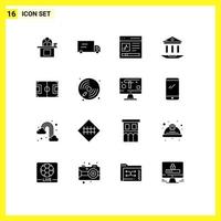 Stock Vector Icon Pack mit 16 Linienzeichen und Symbolen für Bildung, Schulfahrzeuge, Internetmusik, editierbare Vektordesign-Elemente
