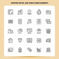 Umriss 25 Shoping Einzelhandels- und Videospielelemente Icon Set Vektor Line Style Design Schwarze Icons Set Linear Piktogramm Pack Web und mobile Geschäftsideen Design Vektor Illustration