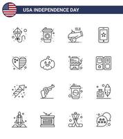 16 usa line pack of unabhängigkeitstag zeichen und symbole der usa land haubitze herzzelle editierbare usa tag vektor design elemente