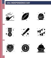 Lycklig oberoende dag 4:e juli uppsättning av 9 fast glyfer amerikan pictograph av fladdermus boll snabb militär bricka redigerbar USA dag vektor design element