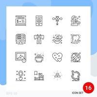 Stock Vector Icon Pack mit 16 Zeilenzeichen und Symbolen für Server-CD-Chineseknot-Studienbücher editierbare Vektordesign-Elemente