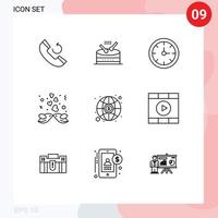 Stock Vector Icon Pack mit 9 Zeilenzeichen und Symbolen für Geld globale Uhr Liebespaar editierbare Vektordesign-Elemente