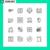 Stock Vector Icon Pack mit 16 Zeilen Zeichen und Symbolen für Tasche Computer Zeit Auto Computer Uhr Uhr editierbare Vektordesign-Elemente